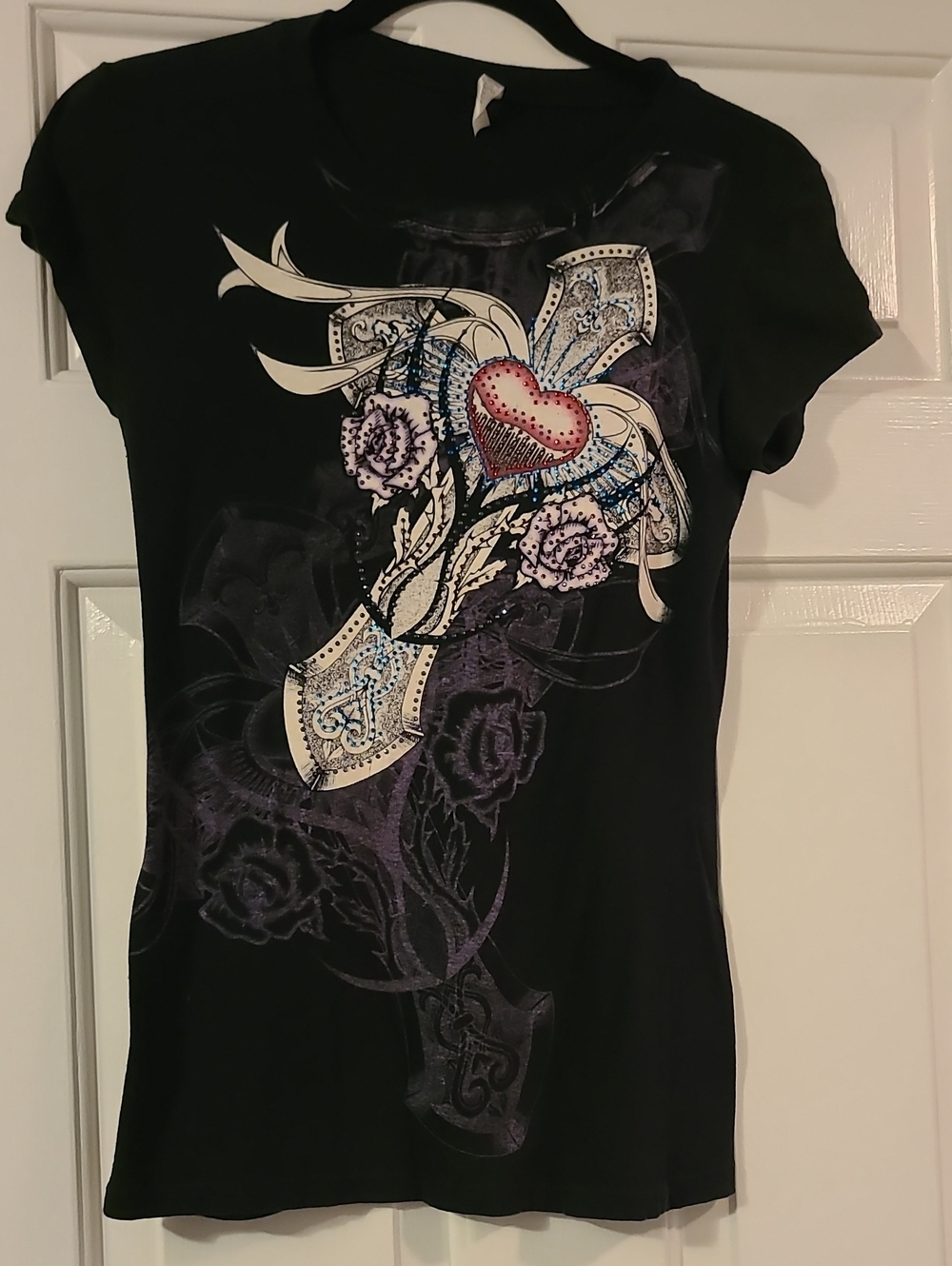 Ejel Black Embellished Cross & Heart Graphic T-Shirt Size L